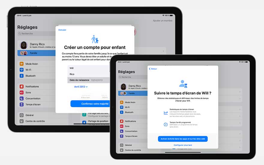 Deux iPad affichent les réglages de l'appareil, avec des fenêtres contextuelles concernant les comptes d'enfants et le temps d'écran.