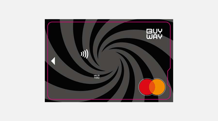 Carte de paiement Buy Way noire avec un motif spiralé gris, le symbole sans contact et le logo Mastercard.