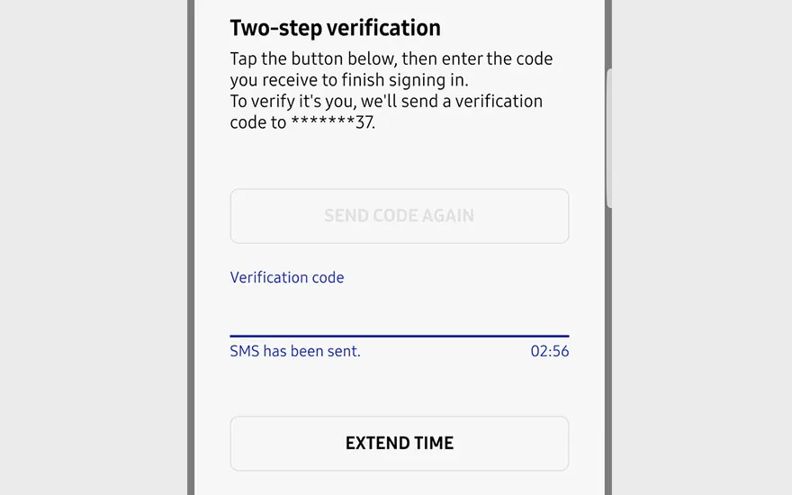 Écran d'authentification à deux facteurs avec des boutons "Renvoyer le code" et "Prolonger le délai".