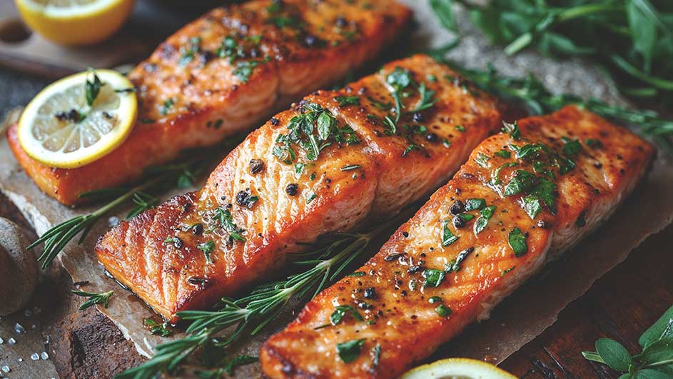 Trois filets de saumon cuits, assaisonnés d'herbes et de citron, sur une planche à découper en bois.