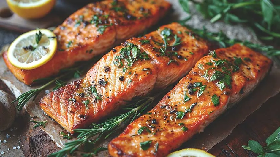 Trois filets de saumon cuits, assaisonnés d'herbes et de citron, sur une planche à découper en bois.