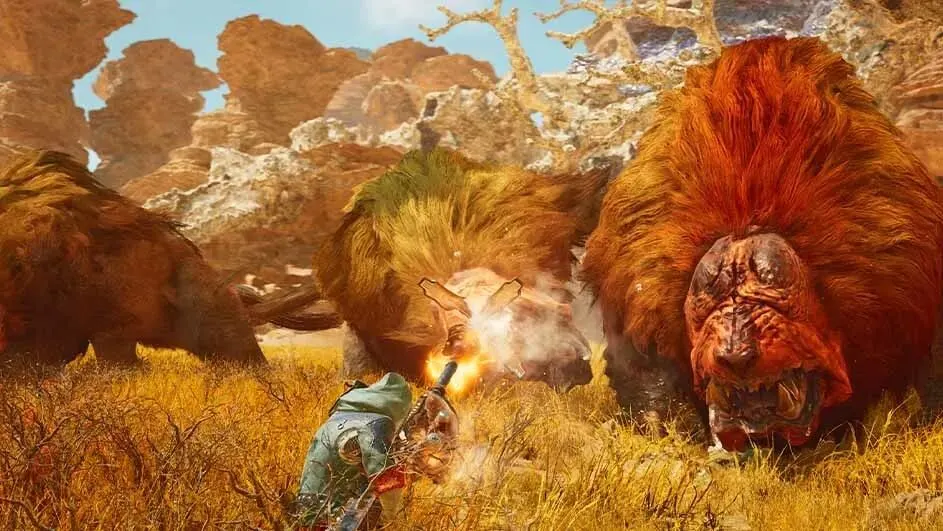 Un paysage avec des rochers et des animaux marron et jaune. L'un d'eux tire une arme à feu.