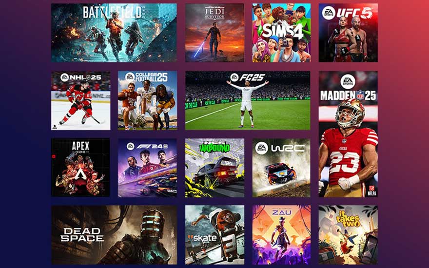 Collage van populaire games als Battlefield en FIFA, gepresenteerd op kleurrijke achtergronden in een overzichtelijk raster.