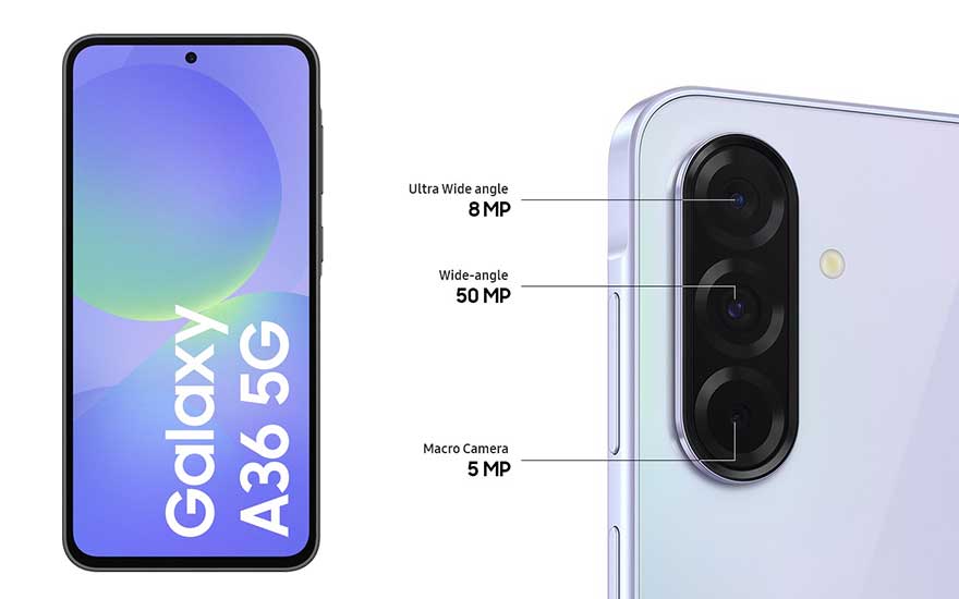 Samsung Galaxy A36 5G, getoond met zijn scherm en gedetailleerde label van de drie verschillende achtercamera’s en hun MP-specificaties. 