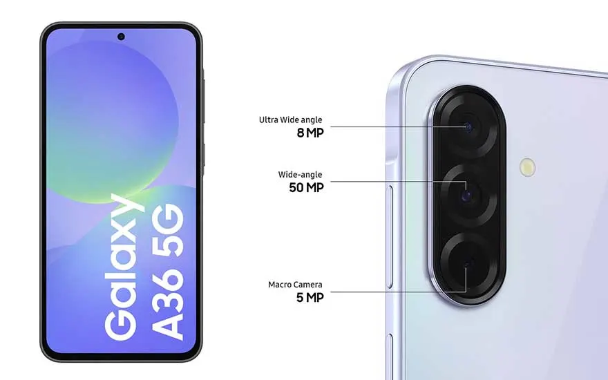 Samsung Galaxy A36 5G, getoond met zijn scherm en gedetailleerde label van de drie verschillende achtercamera’s en hun MP-specificaties.