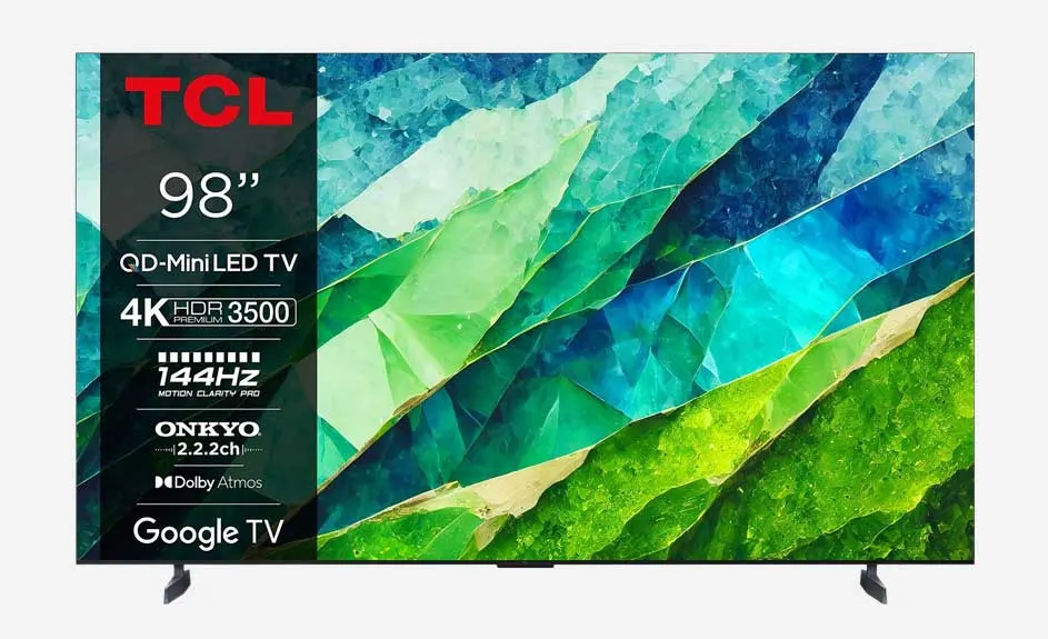 Téléviseur TCL 98 pouces affichant un écran abstrait bleu et vert, sur un fond blanc uni.