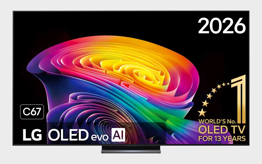 Téléviseur LG OLED evo AI C67 avec image abstraite colorée, mention 2026 et revendication dorée de numéro un mondial OLED.