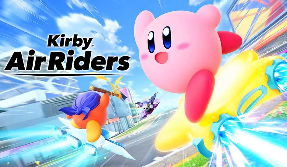 Kirby et ses amis foncent sur des étoiles dans ‘Kirby AirRiders’, une image dynamique pleine de couleurs vives.