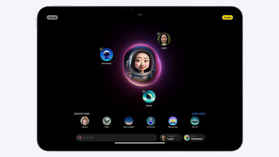Un iPad affiche une interface avec des options spatiales, y compris des icônes d'astronaute et d'espace sur un fond noir.