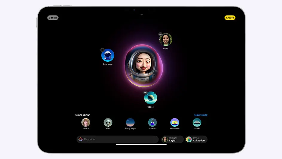 Een iPad toont een creatie-interface met thema's zoals astronauten en ruimte op een zwarte achtergrond.