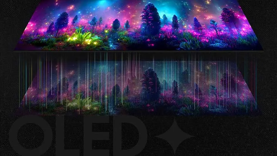 Écran OLED montrant une forêt fantastique colorée avec des arbres violets et bleus sous un ciel étoilé.