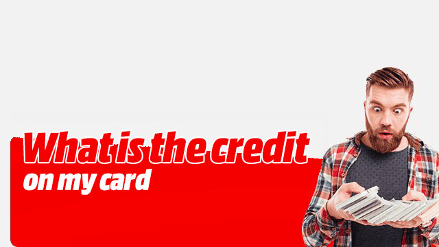 Red text reads "What is the credit on my card" on a white background. A stack of cards is on the right.