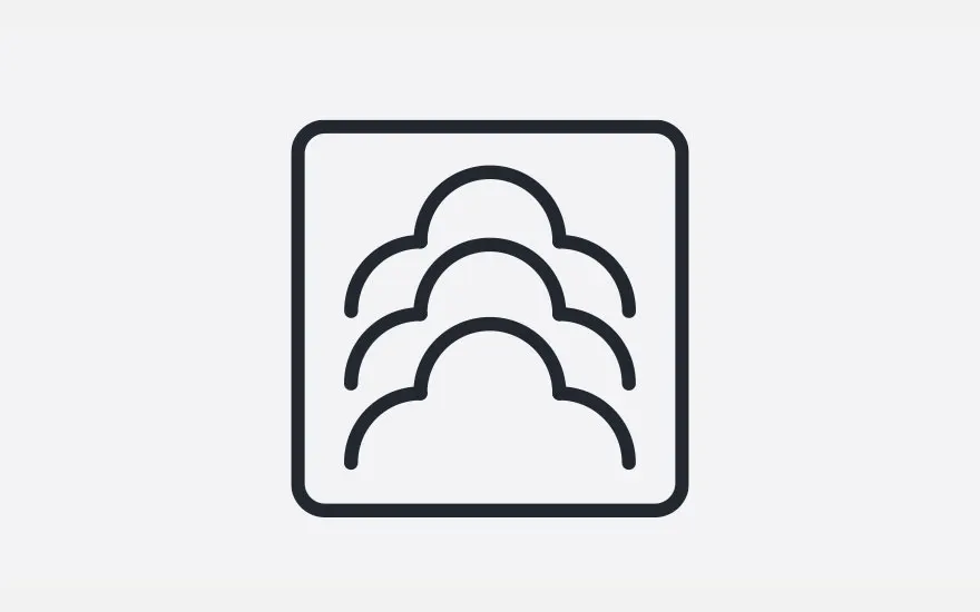 Black outline of three cloud shapes stacked inside a rounded square on a light gray background.