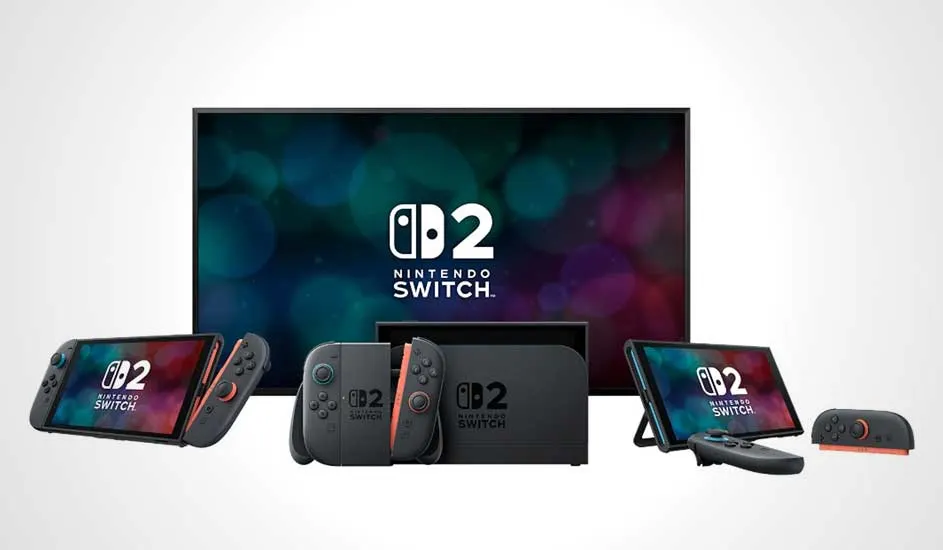 Console Nintendo Switch 2 avec manettes, station d'accueil et écran TV montrant le logo de la console.