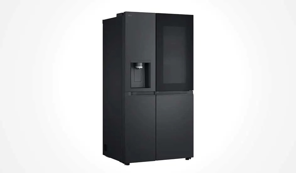 Modern black refrigerator with four doors, glass panel and water dispenser. Sleek and functional, perfect for a stylish kitchen.