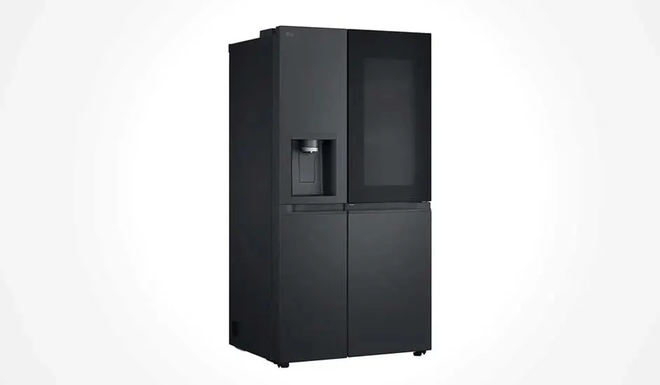 Modern black refrigerator with four doors, glass panel and water dispenser. Sleek and functional, perfect for a stylish kitchen.