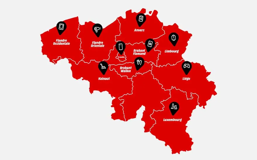 Cette carte de la Belgique montre les provinces surlignées en rouge, chacune illustrée par une icône représentant une catégorie digitale.