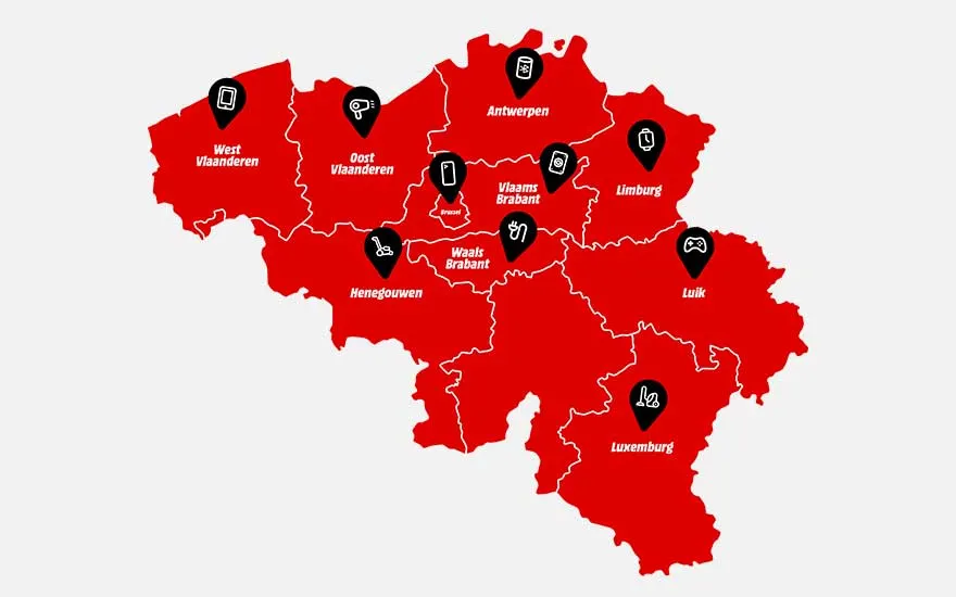 Op deze kaart van België zijn de provincies aangeduid met verschillende pictogrammen die elk een digitale categorie voorstellen.