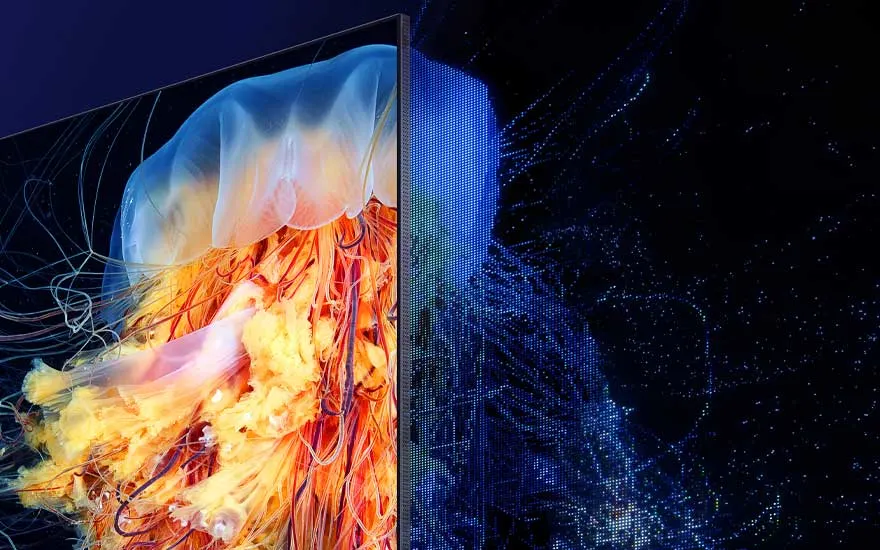 Un téléviseur affiche les couleurs éclatantes d'une méduse, avec des effets numériques valorisant la qualité d'image.