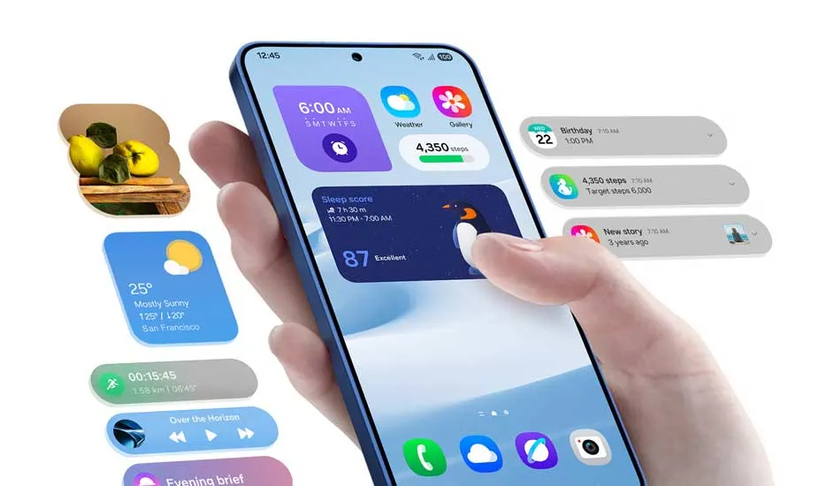 Smartphone bleu affichant des widgets colorés pour le suivi du sommeil et de l'activité, avec des icônes d'applications en bas.