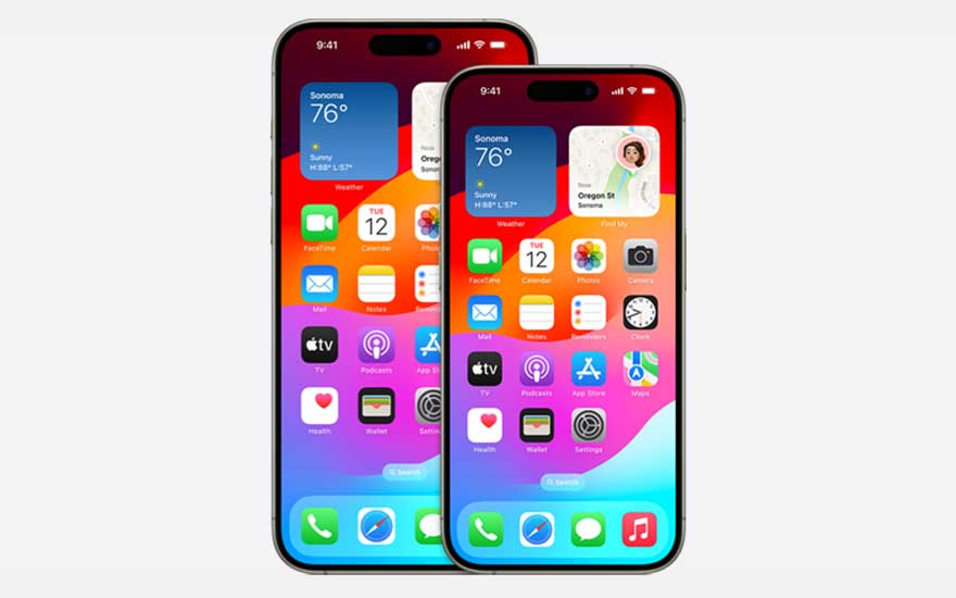 Deux iPhones affichent un écran d'accueil avec des icônes d'applications colorées et des widgets sur un fond blanc uni.