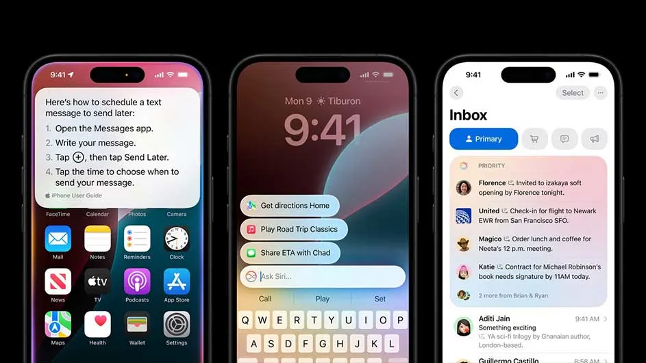 Drie iPhones tonen schermen: berichtinstructies, hoofdscherm met apps en een inbox met prioriteitsmails.