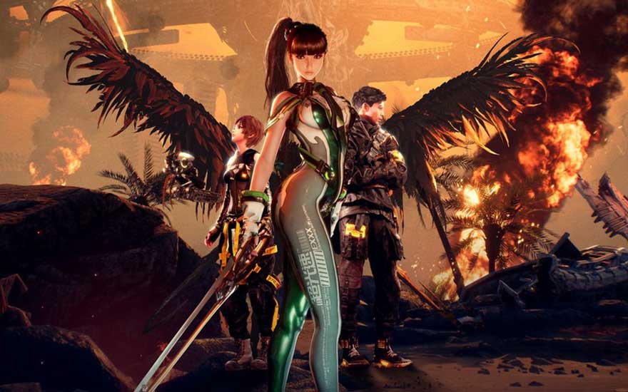 Drie figuren met vleugels en zwaarden staan voor een brandend, verwoest landschap met palmbomen en ruïnes.