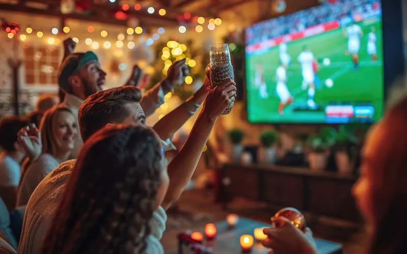 Groep kijkt naar voetbal op tv. Er zijn decoratieve lichtjes en kaarsen. Iemand houdt een glas omhoog.