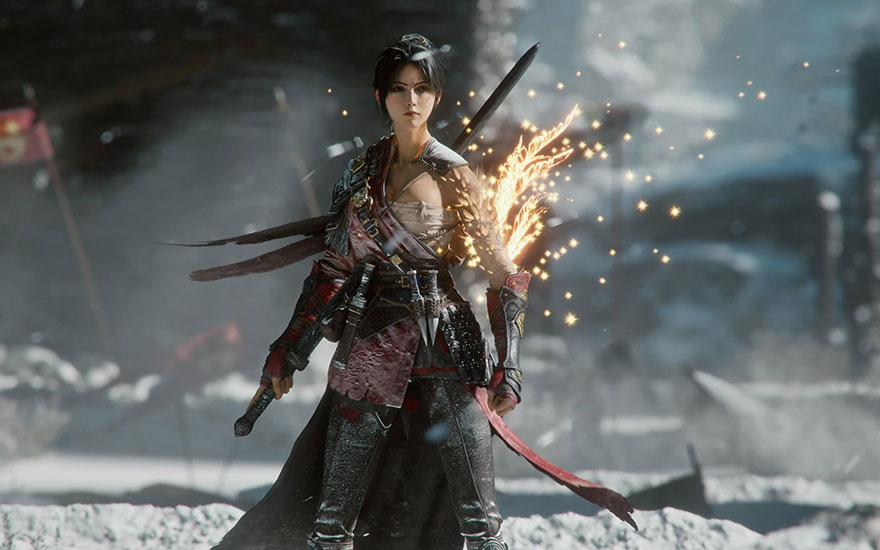 Une guerrière en tenue sombre tient une épée entourée d'étincelles magiques dorées dans un environnement post-apocalyptique urbain.