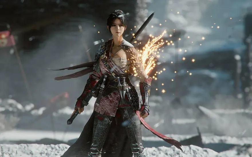 Une guerrière en tenue sombre tient une épée entourée d'étincelles magiques dorées dans un environnement post-apocalyptique urbain.