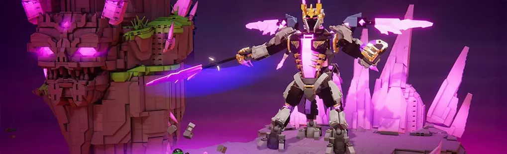 Scène LEGO fantastique avec cristaux roses lumineux, immense robot guerrier et petit héros sautant d’une corniche en ruine.