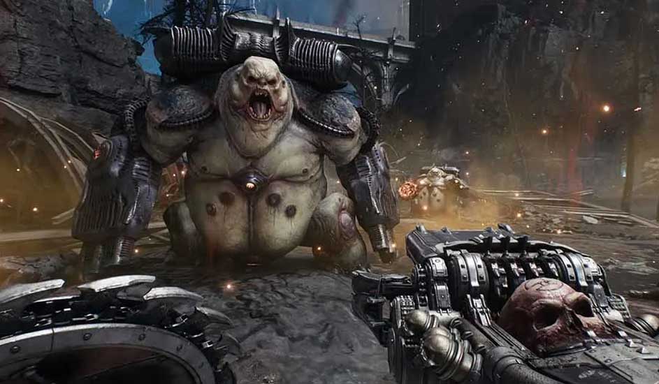 Een computerspelbeeld toont een wapen op de voorgrond en een monster met een open mond op de achtergrond.