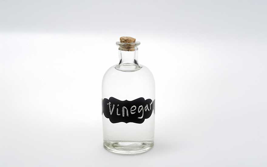 On a grey surface are a lemon slice, a vinegar bottle, leaves, salt in a wooden bowl, and wooden spoons.