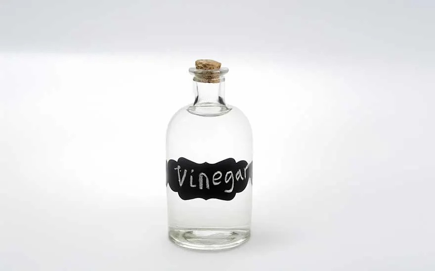 Een foto van een tafel met ingrediënten, zoals een fles azijn, zout in een houten kom, een citroen en houten lepels.