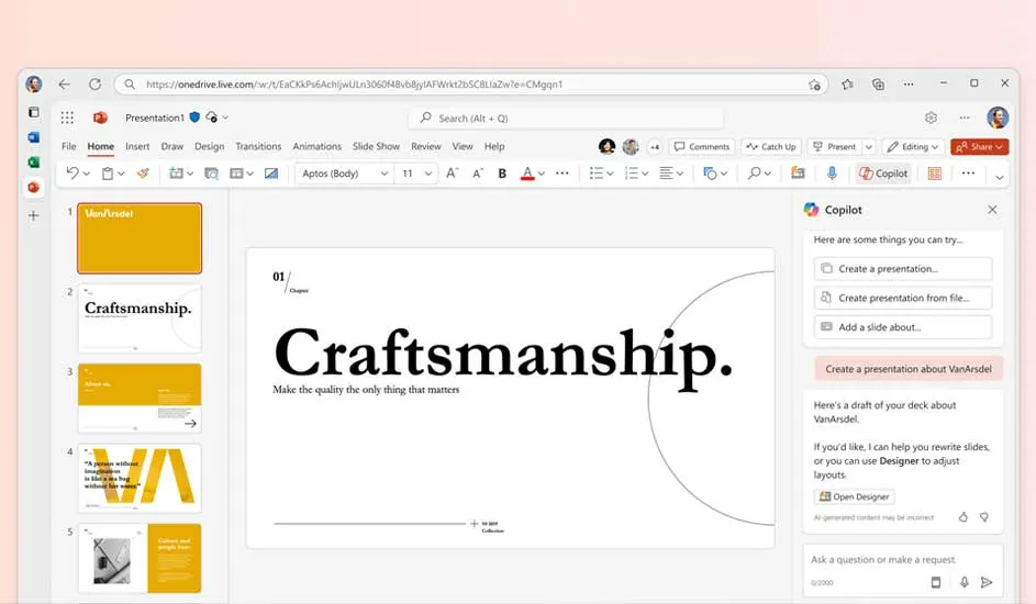 Een computerscherm toont een presentatie-interface met dia's en tekst. De lay-out omvat tools en een zijpaneel met Copilot-functies.