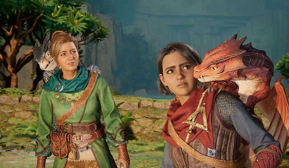 Deux personnes en costume avec des dragons sur les épaules, devant un paysage rocheux et verdoyant.