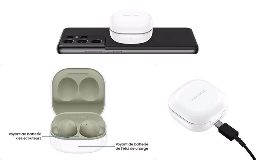 Téléphone noir avec boîtier de charge blanc sans fil, écouteurs ouverts et boîtier de charge avec câble.