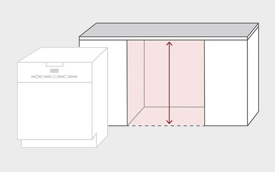 Illustration d'un lave-vaisselle blanc à côté d'une armoire avec une flèche indiquant la hauteur.