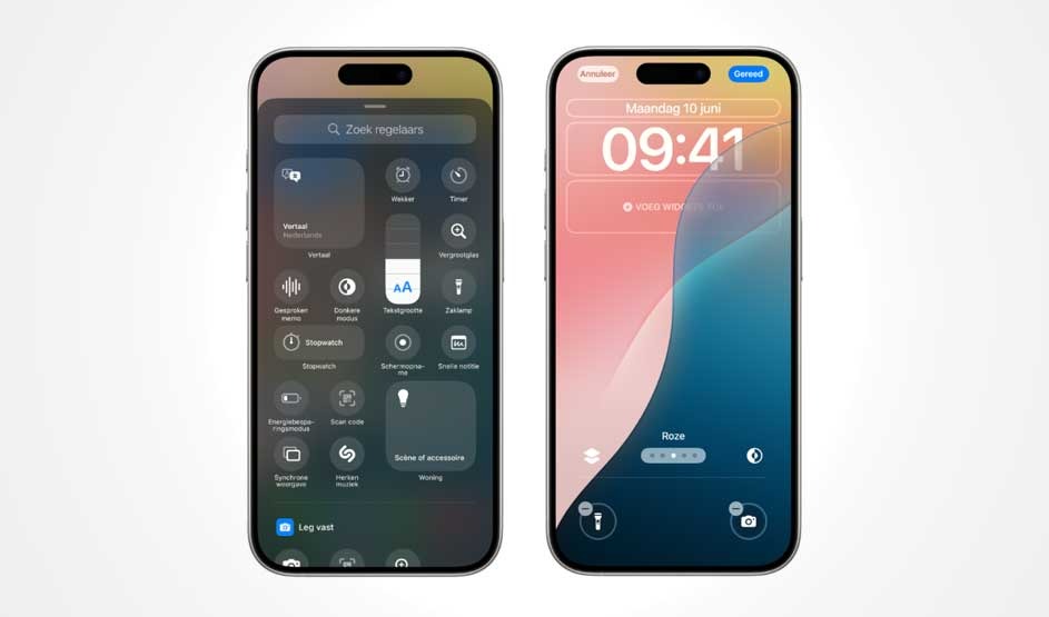 Two Apple iPhones side by side: Control Centre with toggles on the left, a custom lock screen showing 09:41 and widgets on the right.