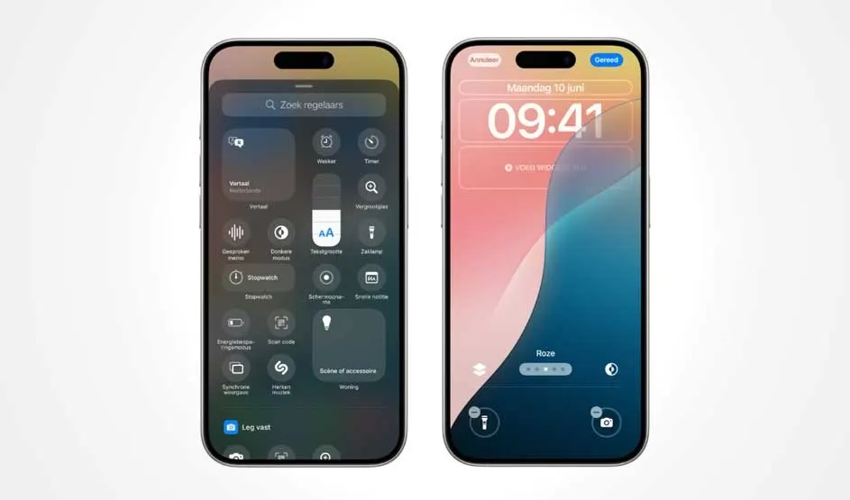 Two Apple iPhones side by side: Control Centre with toggles on the left, a custom lock screen showing 09:41 and widgets on the right.