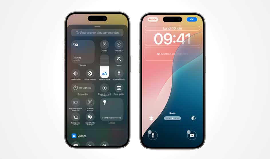 Deux iPhones Apple affichent le centre de contrôle et l’écran verrouillé ; interface Apple et marque bien reconnaissables.