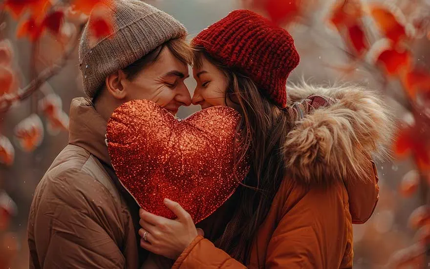 Jeune couple en manteaux d’hiver, nez contre nez dans un décor automnal, serrant ensemble un grand coussin rouge en forme de cœur.