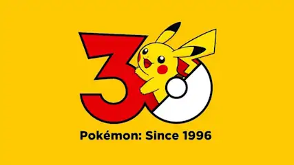 Op een gele achtergrond vormt Pikachu met een grote rode drie en witte bal een speels logo dat dertig jaar Pokémon viert sinds 1996.