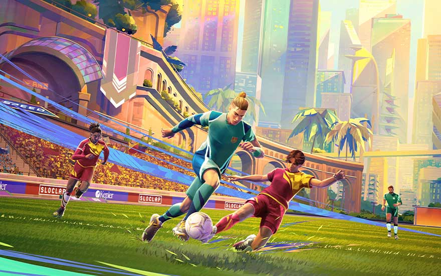 Een kleurrijke illustratie van een futuristische voetbalwedstrijd met spelers in blauwe en rode outfits die strijden om een bal in een stadion met palmbomen en glimmende wolkenkrabbers onder een zonsondergang.