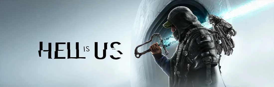 Artwork dramatique de jeu montrant un soldat en combinaison spatiale tenant une arme, avec le titre "HELL IS US" en gros caractères. 