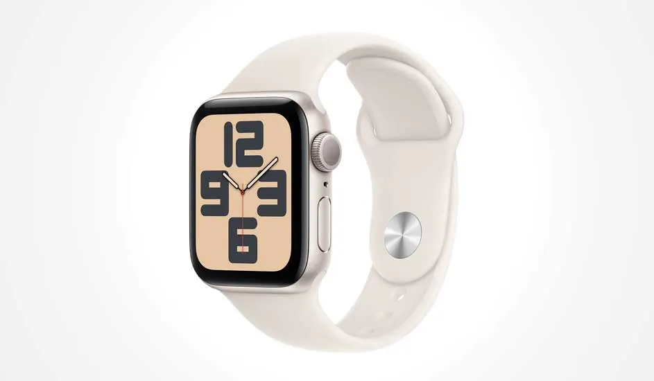 Een witte smartwatch met afgeronde hoeken toont grote, moderne cijfers in zwart op een beige achtergrond, minimalistisch en elegant ontwerp.