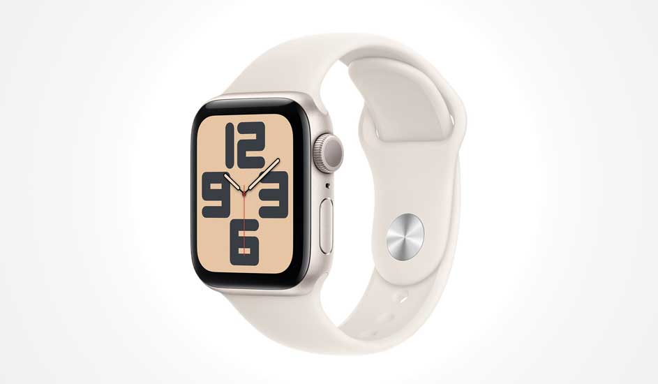 Une montre connectée blanche à bords arrondis affiche de grands chiffres noirs sur fond beige, au design minimaliste et élégant.