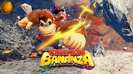 Donkey Kong springt dynamisch door een explosie van kleurrijke lichtstralen en brokstukken, met Pauline op zijn rug in spectaculaire actie.