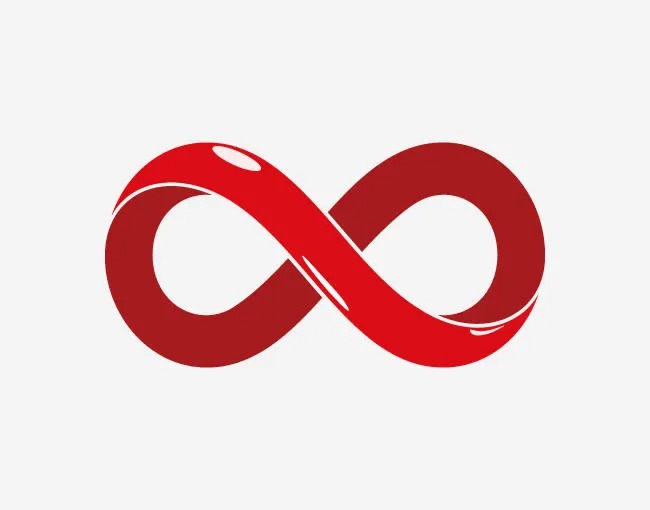 Red infinity symbol with a white outline on a plain white background.