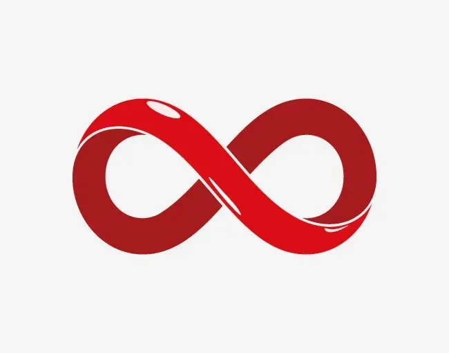 Red infinity symbol with a white outline on a plain white background.